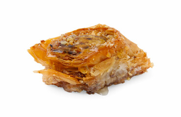 Eastern sweets. Piece of tasty baklava isolated on white
