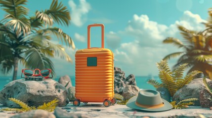 An overseas adventure awaits with suitcases a camera cellphone hat and shades in the backdrop, Generated by AI