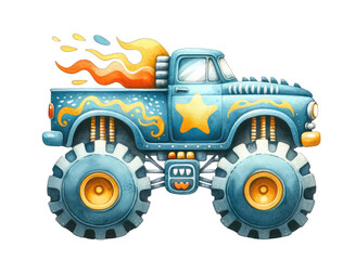 This is a cartoon monster truck. It is blue and yellow with flames coming out of the exhaust pipes. The truck has big wheels and a star on the hood. © Moonroad