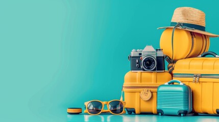 Capture the perfect vacation shot with your phone and camera surrounded by luggage a hat and sunglasses on your journey abroad, Generated by AI - obrazy, fototapety, plakaty