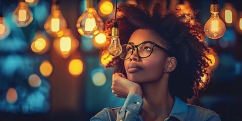 Creative Vision: Thoughtful Woman Amidst Light Bulbs. Generative ai
