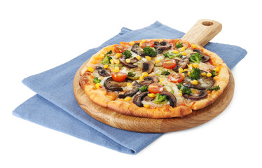 Delicious vegetarian pizza with mushrooms and vegetables isolated on white