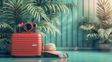 Suitcase camera phone hat and shades set against a travelinspired backdrop, Generated by AI