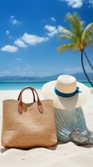 Beach relaxation with a straw hat and a beach bag