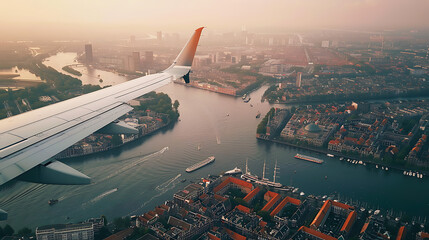 wing of a airplane with a serene view over a city in europe