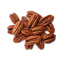 Tasty pecan nuts isolated on white, top view
