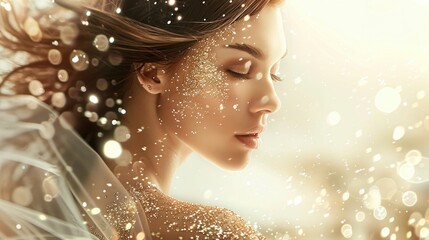 Ethereal Beauty in Golden Sparkles. Generative ai.