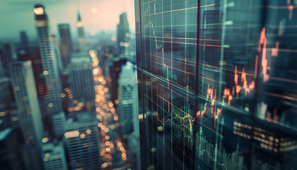Futuristic Cityscape with Holographic Financial Graphs at Night