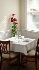 Fine dining table setting with red flowers
