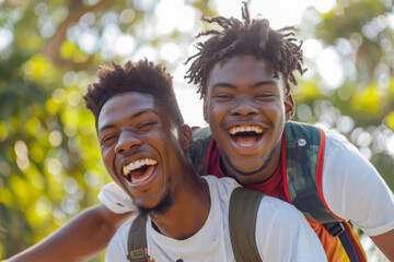 A pair of Black best friends having a blast playing sports outdoors, rejoicing over a goal as one...