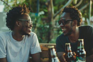 A pair of Black best friends sharing a beer and having a heartfelt conversation, symbolizing the bond of male friendship and bromance.