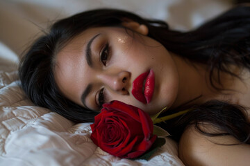 A passionate Latino woman lying on a bed, inhaling the fragrance of a red rose. Depicting the essence of Valentine's Day, love, and relationships.