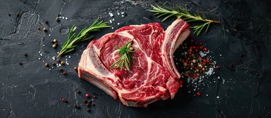 Fresh raw meat, veal rib steak with bone and seasonings, displayed on a dark background.