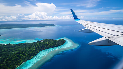 wing of a airplane with a serene view over a small tropical island