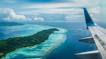Fototapeta premium wing of a airplane with a serene view over a small tropical island