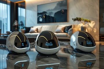 In a detailed CG 3D rendering, depict a group of sleek, futuristic home assistant robots from a worms-eye view Show their metallic sheen and advanced features, set in a modern living room,