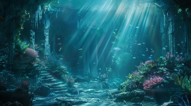 Immerse your audience in the mesmerizing depths of a frontal view underwater world inhabited by majestic ancient mythical creatures Utilize innovative lighting techniques to bring out the ethereal bea