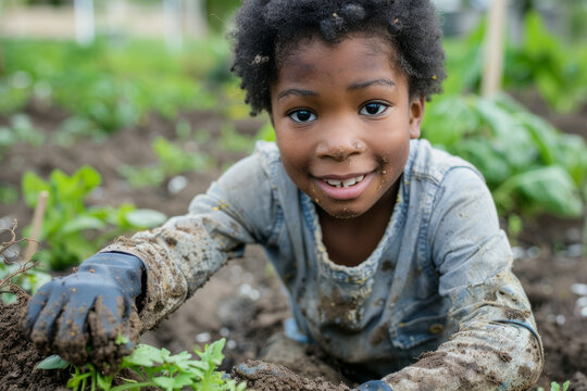 A young African American boy with dirty hands after working in the garden, diligently caring for his vegetable garden and planting spring vegetables.