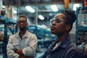 Fototapeta premium African American female supervisor reprimanding an employee in a modern industrial factory. The worker is being corrected for making a mistake. 