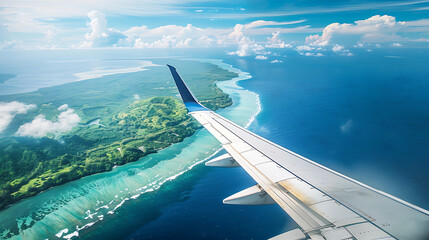 wing of a airplane with a serene view over a small tropical island