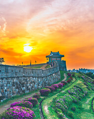 Sunset at Hwaseong Fortress It is a UNESCO World Heritage Site. Spring at Hwaseong in Suwon....