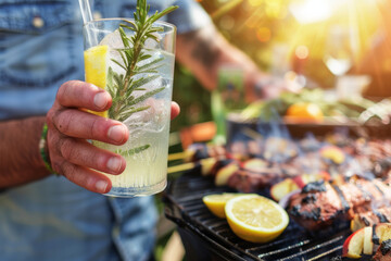 Barbecue enthusiast grilling outdoors while relishing a cool glass of lemonade. Garden BBQ celebration underway. - Powered by Adobe