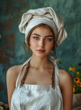 portrait of a beautiful young woman wearing a white apron and a white headscarf