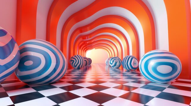 Blue and white balls in a red and white striped tunnel - Powered by Adobe