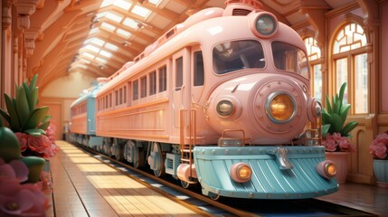 Obraz premium A pink and blue train sits in a station