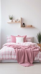 Cozy pink and white bedroom with checked bedding and pillows