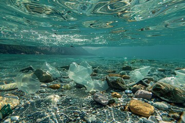 Several plastic bottles are seen floating on the surface of a body of water, posing a threat to the aquatic environment.