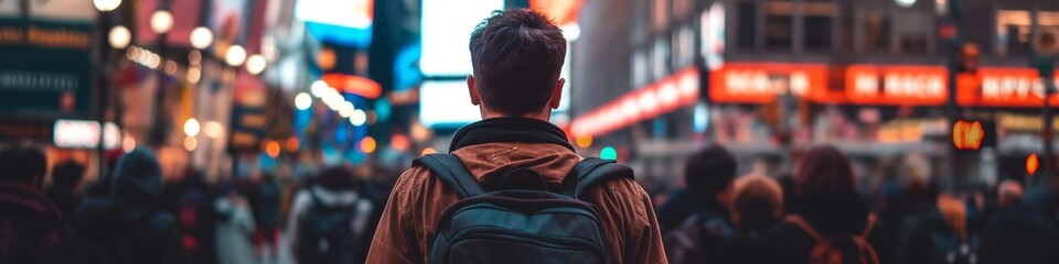 A man's back with a backpack facing bright city lights, symbolizing exploration and urban life