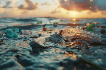 A collection of plastic bottles drifting on the oceans surface, highlighting the environmental issue of marine pollution.