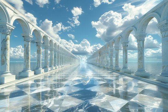 Surreal Long Corridor with Checkered Floor and Marble Columns