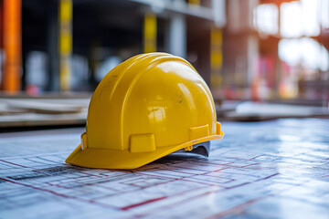 A yellow safety helmet lies on top of detailed construction blueprints on a site