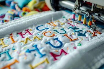 colorful alphabet logo embroidered on white towel in embroidery machine hoop creative textile...