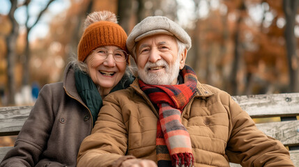Smiling senior couple embracing while sitting on wooden bench in park.