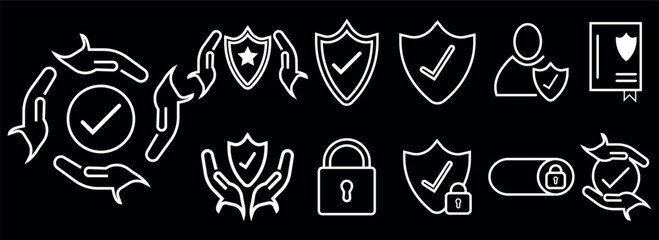 Set of white outline protection or security icons. white border icons collection. Editable stroke. Vector illustration isolated.