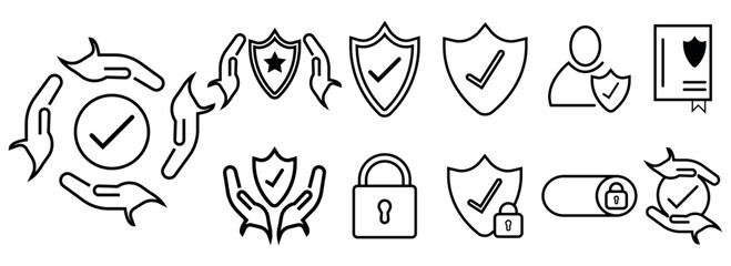Set of outline icons related to protection. Black outline icon collection. Editable stroke. Vector illustration