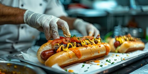 Chef preparing hotdog with gloves on