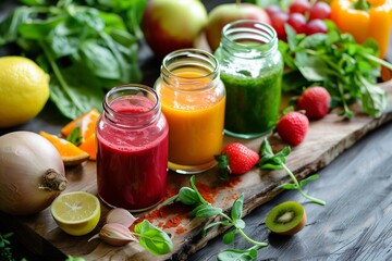 Healthy assorted smoothies in jars with vibrant fruits and fresh herbs are small steps to wellness - Powered by Adobe