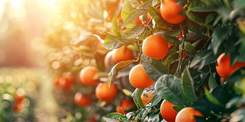 Close-up of ripe and juicy oranges hanging from a tree branch in an orchard