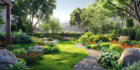 A beautiful garden with a stone path, green grass, and colorful flowers - obrazy, fototapety, plakaty