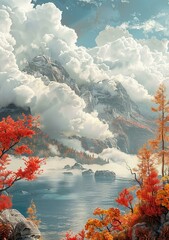 Misty mountains and colorful autumn trees by the lake