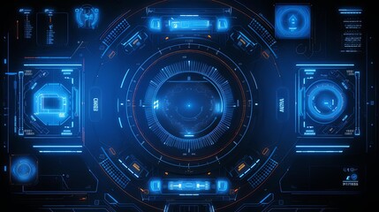 Intricate HUD design in neon blue, tech theme, aerial perspective, clear resolution