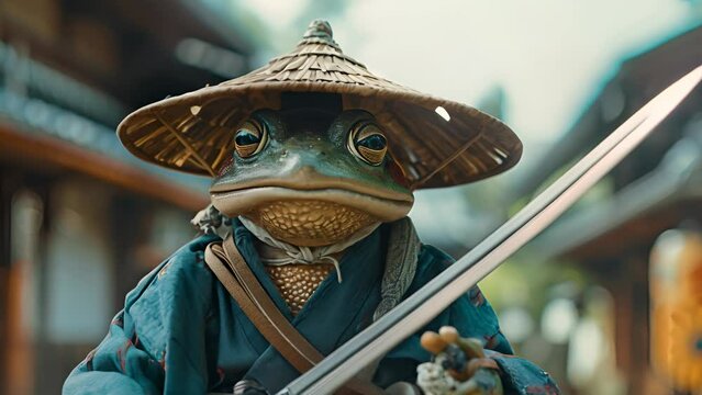 A frog in a samurai costume and straw hat holds a sword, standing alert in an old Japanese city setting