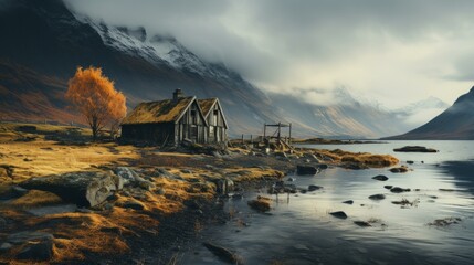 Thatched roof house on lake with snow capped mountains in background