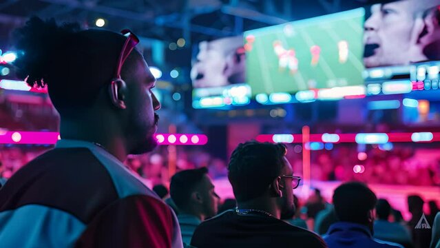 A man is watching a football game with a crowd of people. The atmosphere is lively and energetic, with everyone focused on the game