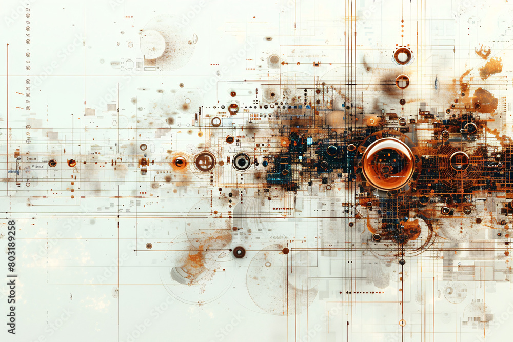 Poster complex abstract pattern featuring organic and geometric shapes in brown and white with rust-colored