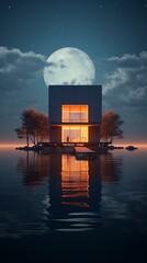 A person standing on a dock in front of a house on a lake at night